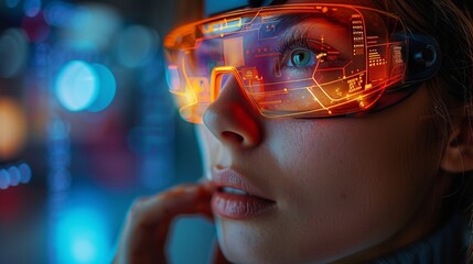 An electronic tablet in the hands of a woman. A girl wearing glasses of virtual reality presses a start button. Holographic interface to display data. Dark background. Augmented reality, future - obrazy, fototapety, plakaty
