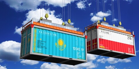 Shipping containers with flags of Kazakhstan and Poland - 3D illustration