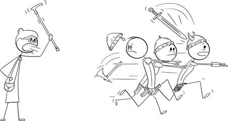 Group of Warriors or Knights Running Away From Old Lady or Woman, Vector Cartoon Stick Figure Illustration