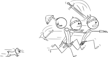 Group of Warriors or Knights Running Away From Small Little Dog or Puppy, Vector Cartoon Stick Figure Illustration