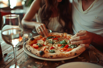 woman and man eating pizza, the enamored couple. Amidst the aroma, a plate of homemade pizza,...