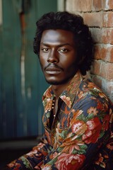African American man fashionably dressed floral print jacket iconic fashion trends of 1970's style, retro fashion. Portrait of a stylish male model