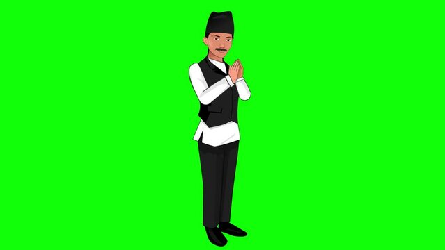 Boy Character Smiling Doing Namaste - man greeting Green Screen