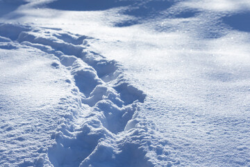 Boot prints in the snow, a path through a snow-covered surface - 734860669