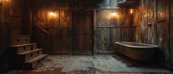 A bathtub in a wooden bathroom with a light on