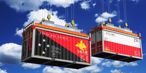 Shipping containers with flags of Papua New Guinea and Poland - 3D illustration