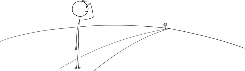 Person Watching Woman in Far on Long Road, Vector Cartoon Stick Figure Illustration