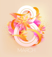 March 8 international women's day. White number with flowers and ribbon. Vector greeting card design. - 734861446