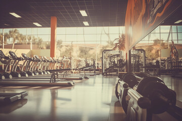 Blurred bokeh background of photo of the interior with gym equipment