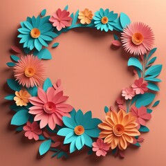 A wreath of colorful paper cutout flowers with lush green leaves, arranged in a circular pattern