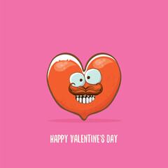 Vector Valentines day greeting card with funny cartoon heart character isolated on pink background. Conceptual valentines day comic funky kids poster or banner