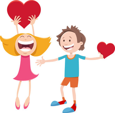 cartoon girl and boy characters on Valentines Day