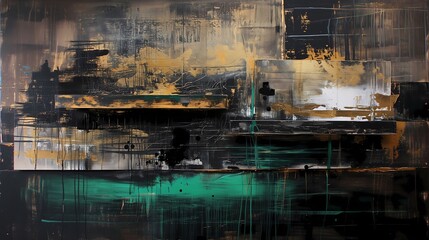 Abstract Artwork with Gold Black and Teal Strokes Expressing Modern Chaos and Elegance
