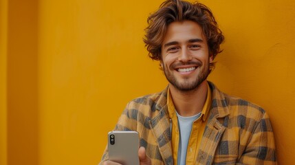 Excited casual guy leans against big smartphone with empty blank white display. He displays thumbs up gesture, recommends great new app or website. Mock-up, full body length, yellow wall.