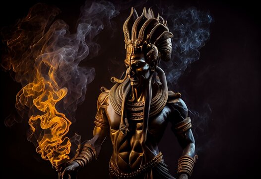 metal golden statue of the Egyptian sun god Ra on a black background with smoke. Generative AI