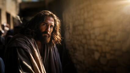Rugged Jesus looks up. Portrait of the biblical figure. Savior and Christ. 