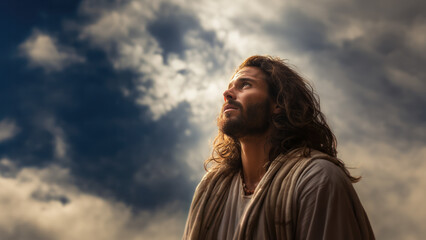 Jesus Christ looking up toward the sky. A portrait of the Savior during his ministry years. dramatic skies. - obrazy, fototapety, plakaty