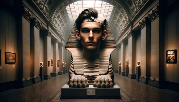 A surreal artwork of a young man's face with an ancient Egyptian Sphinx body displayed prominently in a classical museum gallery with art exhibits.Digital art concept. AI generated.