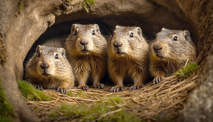 Naklejka na ściany i meble Groundhog Family Babies Burrow Animal Marmot
