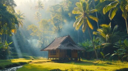 mall rustic hut in the tropical forest in Bali With.