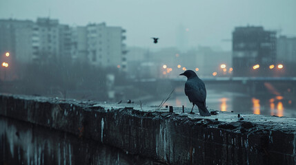 A crow perches on a concrete ledge in front of a cityscape. - obrazy, fototapety, plakaty