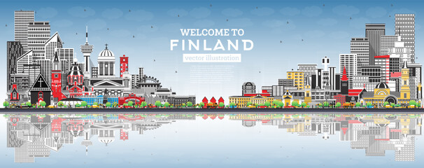 Obraz premium Finland city skyline with gray buildings, blue sky and reflections. Concept with historic and modern architecture. Finland cityscape with landmarks. Helsinki. Espoo. Vantaa.