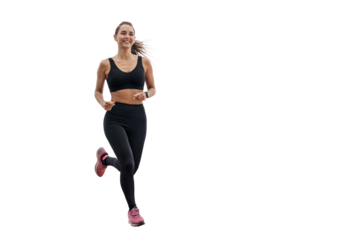 A runner is a lady in sports gear, running in sneakers, on a clear background.