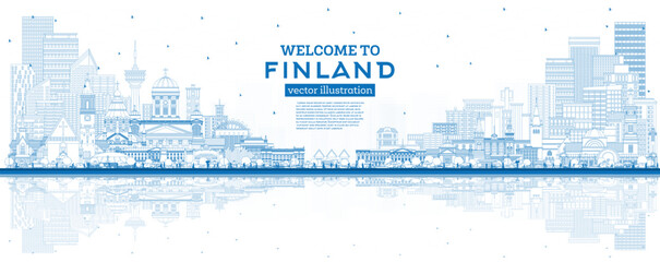 Outline Finland city skyline with blue buildings and reflections. Concept with historic and modern architecture. Finland cityscape with landmarks. Helsinki. Espoo. Vantaa. Oulu. - obrazy, fototapety, plakaty