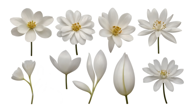 elegant collection of soft white flower petals isolated on a transparent background