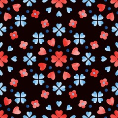 Vibrant watercolor seamless pattern with hearts and flowers. Romantic all over repeat design. Love print. Perfect for printing fabrics, packaging, clothes