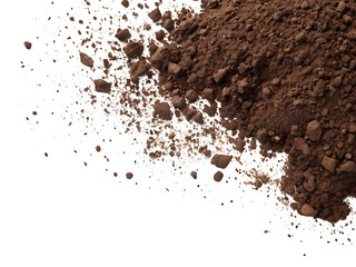 Pile of soil scattered isolated on white background and texture, top view
