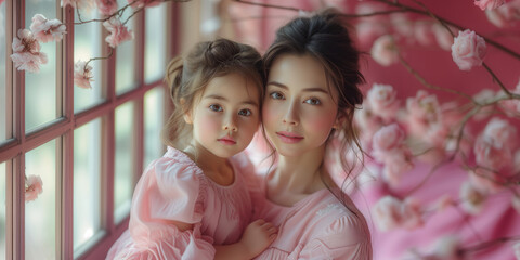 Portrait of Asian mother and little daughter together on Mother's Day against a flowers at home
