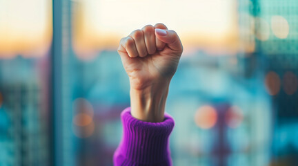  Raised purple fist of a woman for international women's day and the feminist movement. March 8 for feminism, independence, freedom, empowerment, and activism for women rights - obrazy, fototapety, plakaty