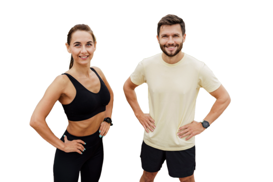 Friends are people athletes in fitness clothes, training together. Transparent background.