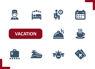 Vacation Icons. Tourism, Travel, Hotel, Tourist, Calendar, Restaurant, Coffee, Yacht, Plane Icon