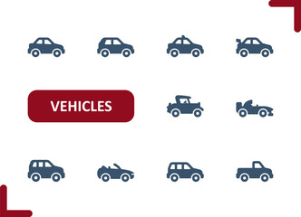 Vehicles Icons. Vehicle, Car, Taxi, Race Car, SUV, Convertible, Truck Icon