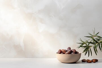 a bowl with dates and palm leaf on a white stone background, in the style of pretty, synthetism-inspired, minimalist backgrounds, captivating with ai generative