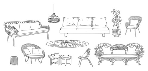 Collection of elegant modern patio furniture and home interior decorations of trendy boho style hand drawn black ink sketch isolated on transparent background. Monochrome vector illustration. - obrazy, fototapety, plakaty
