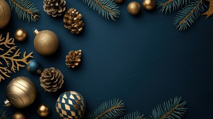 A festive composition with craft giftbox, elegant tree ornaments, golden bauble, star, mistletoe, hoarfrost-covered spruce, and confetti on a cheerful blue background
