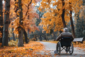 An elderly man rides in a wheelchair in a fall park. A lonely old disabled male on a street strewn with yellow leaves. - obrazy, fototapety, plakaty