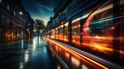 A moving subway car, train, at the evening station. Tram stop in the city. Speed, blurry movement of neon lights.