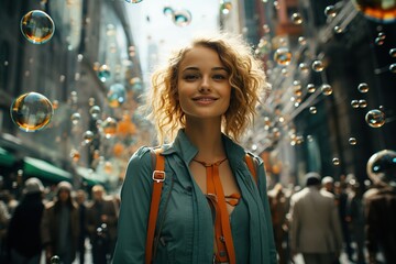A beautiful girl student walks along a city street surrounded by flying soap bubbles. Surreal portrait of a dreamy young woman.