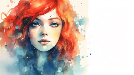 A watercolor painting of a fantasy girl, surrounded by vibrant splashes of color, copy space