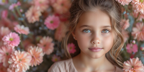 A cute little girl on a background of spring flowers at home