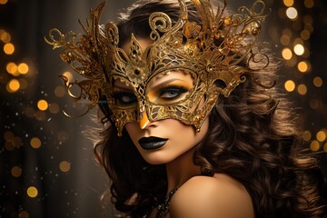 lose-up portrait of a young woman wearing a luxurious masquerade mask made of gold and precious stones. Mysterious stranger at a ball, New Year's party.  - obrazy, fototapety, plakaty