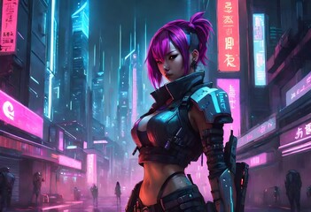female warrior in a cyberpunk-inspired anime setting, embodying the essence of a skilled hacker. 