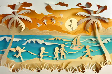 Fototapeta na wymiar Explore creative summer joy with a funny paper cut illustration depicting children playing on the beach. Immerse yourself in the carefree energy of youthful imagination