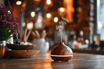 A cloud of steam over the automatic aroma oil diffuser. Electric aroma lamp on the table in the room.