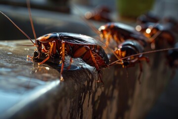 A group of large cockroaches sit on the kitchen dishwashing faucet. Disgusting insects on a dirty wet sink. - obrazy, fototapety, plakaty