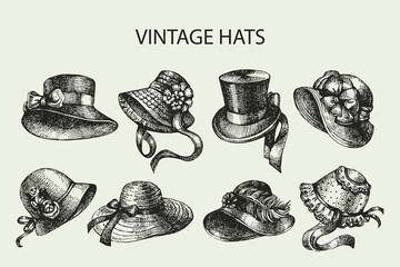 Hand drawn elegant vintage ladies set. Sketch women hats. Retro fashion vector illustration - obrazy, fototapety, plakaty